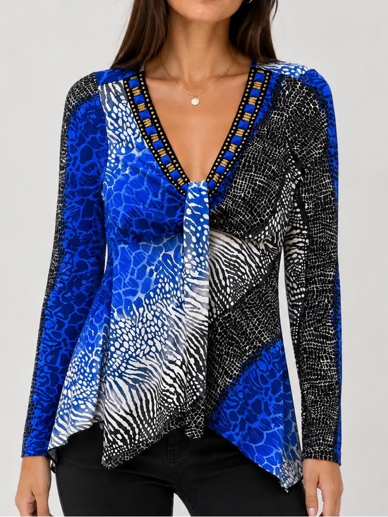 VENUS Tops - VENUS Blue Animal Print Embellished V-Neck Asymmetrical Top | Size Small